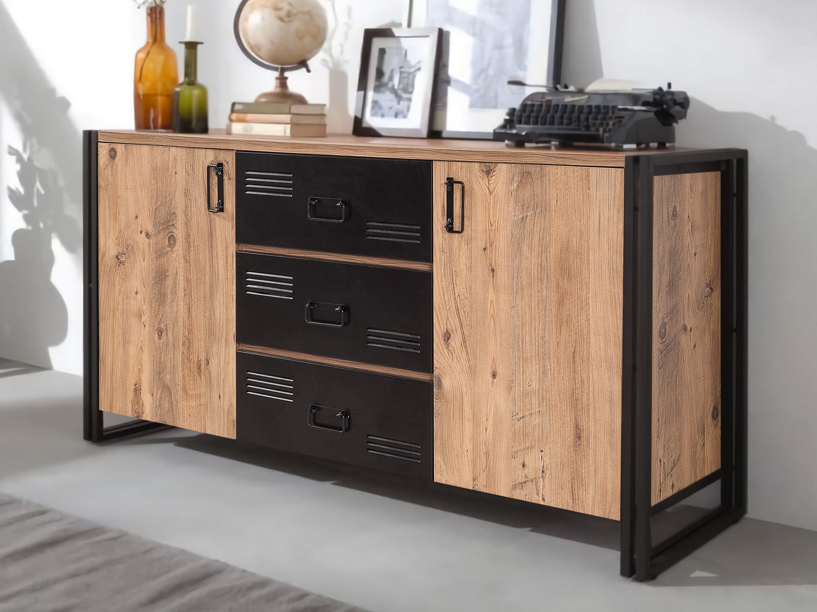 Dressoir COSMOPA 2 deuren 3 lades atlantische pijnboom/zwart