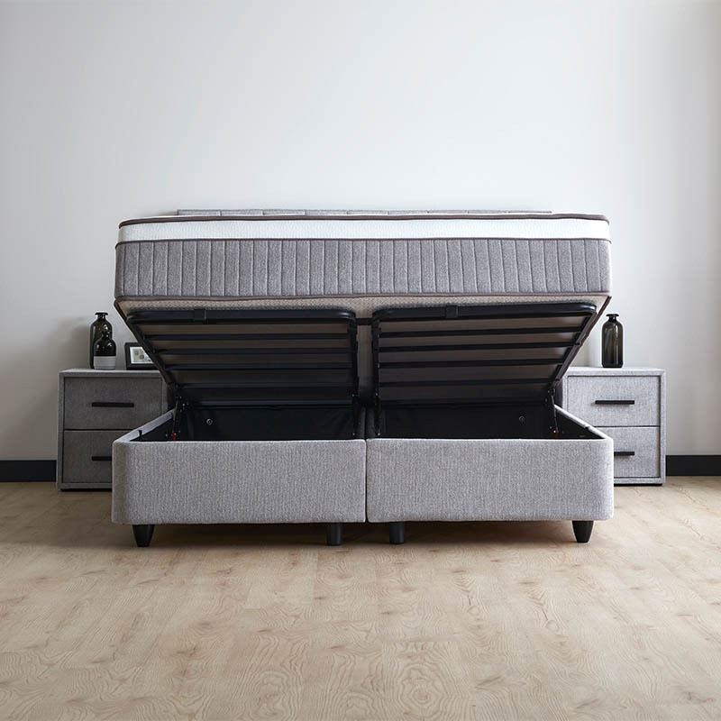 1-Persoons Boxspring met opbergruimte Riona - Grijs & Beige 90x200 cm - Pocketvering - Inclusief Topper - Dekbed-Discounter.nl