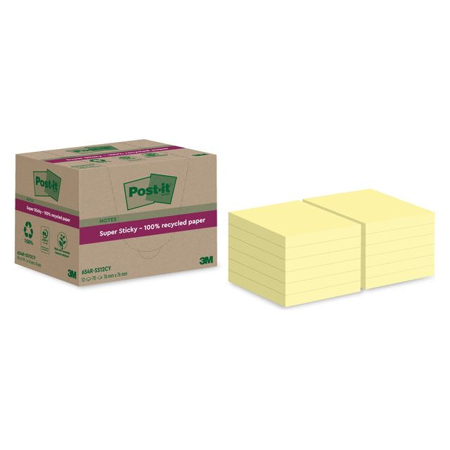 Post-it Super Sticky Notes Recycled, 70 vel, ft 76 x 76 mm, geel, pak van 12 blokken