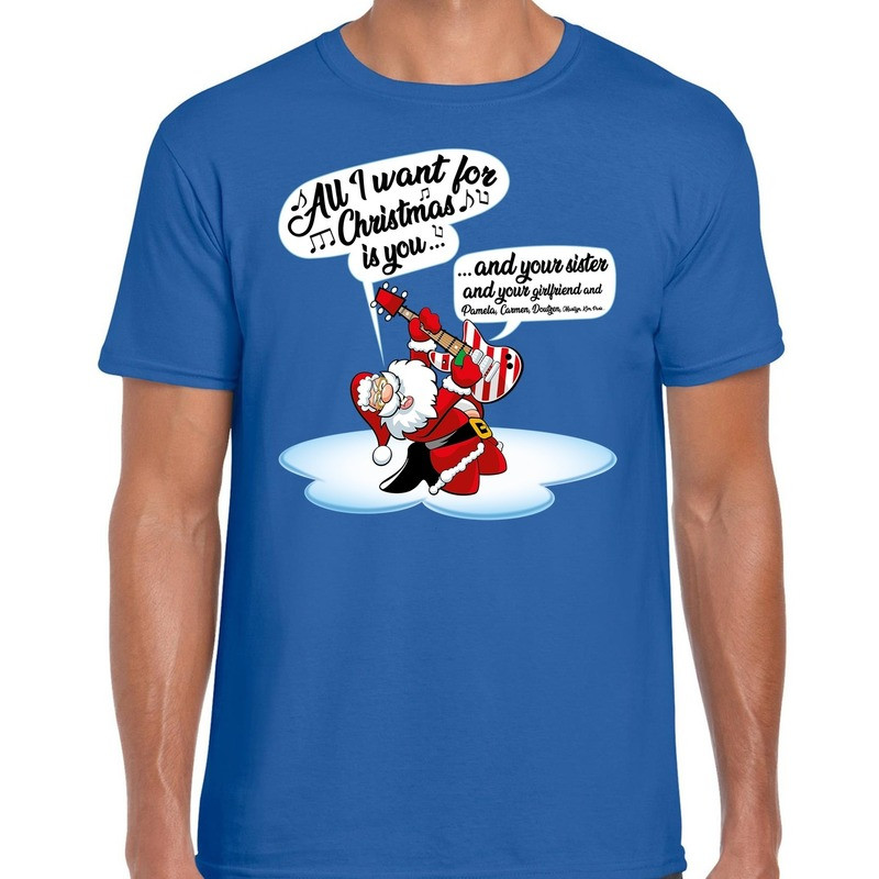 Fout Kerst shirt zingende kerstman met gitaar blauw voor heren