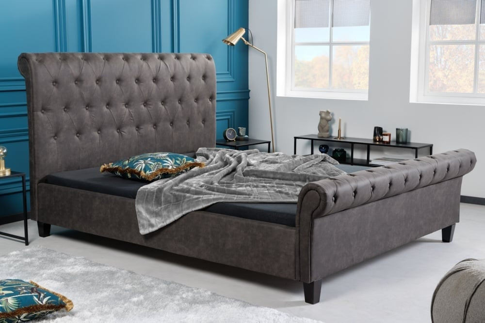 Chesterfield tweepersoonsbed KENSINGTON 160x200cm donkergrijs queen size gestoffeerd bed - 40605