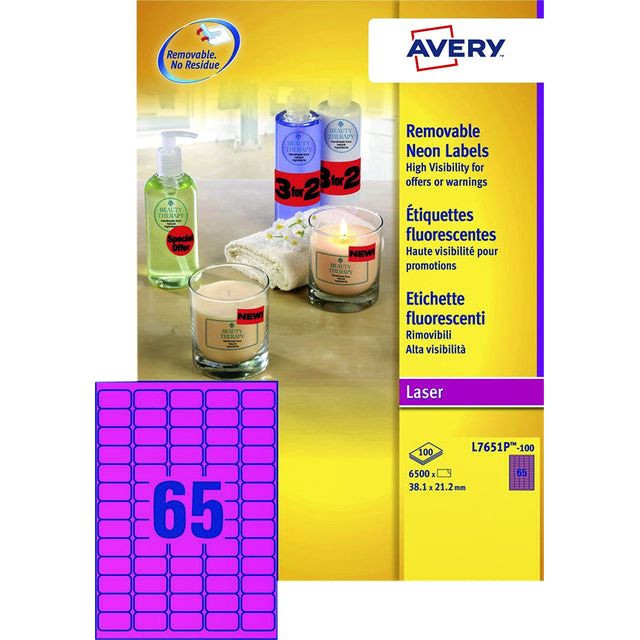 Etiket Avery L7651PF-100 38.1x21.2mm neon roze 6500stuks | Doos a 100 vel