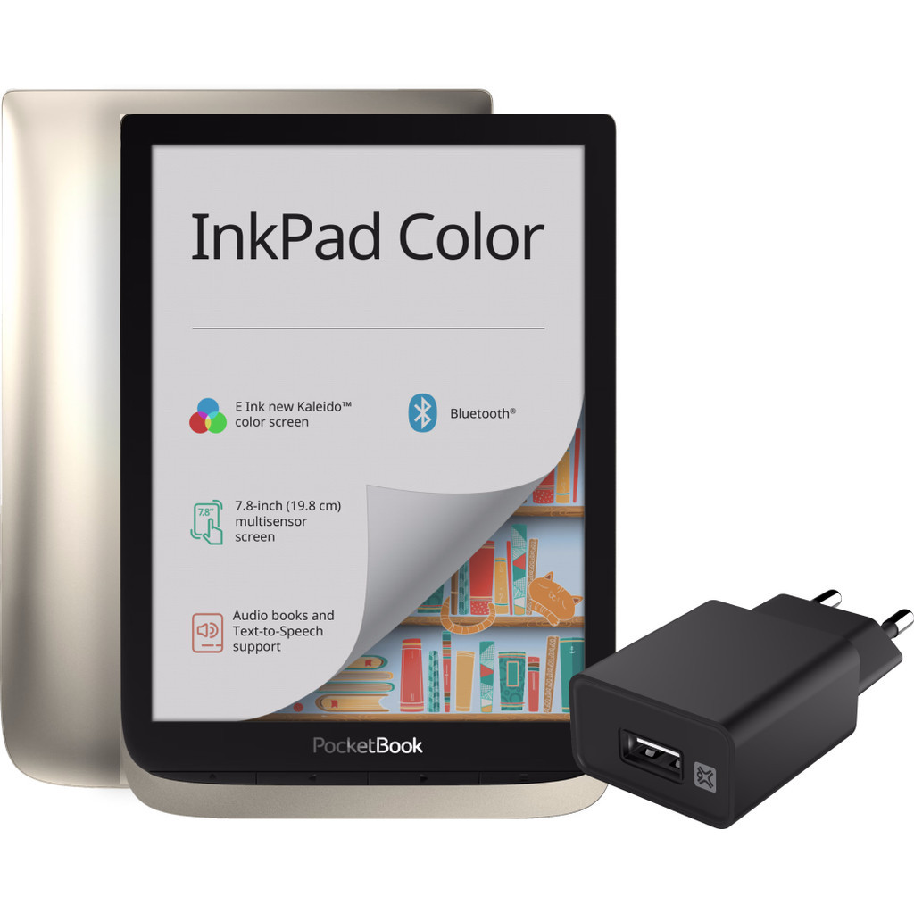 Pocketbook Inkpad Color Zilver + XtremeMac Oplader met Usb A Poort 12W Zwart