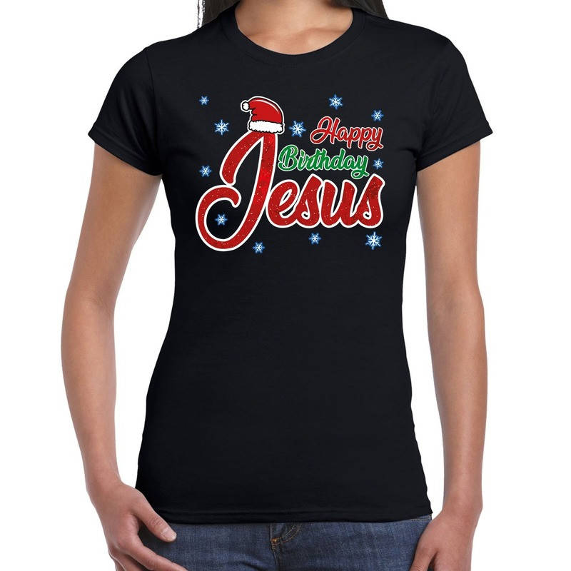 Fout kerstshirt zwart Happy birthday Jesus voor dames