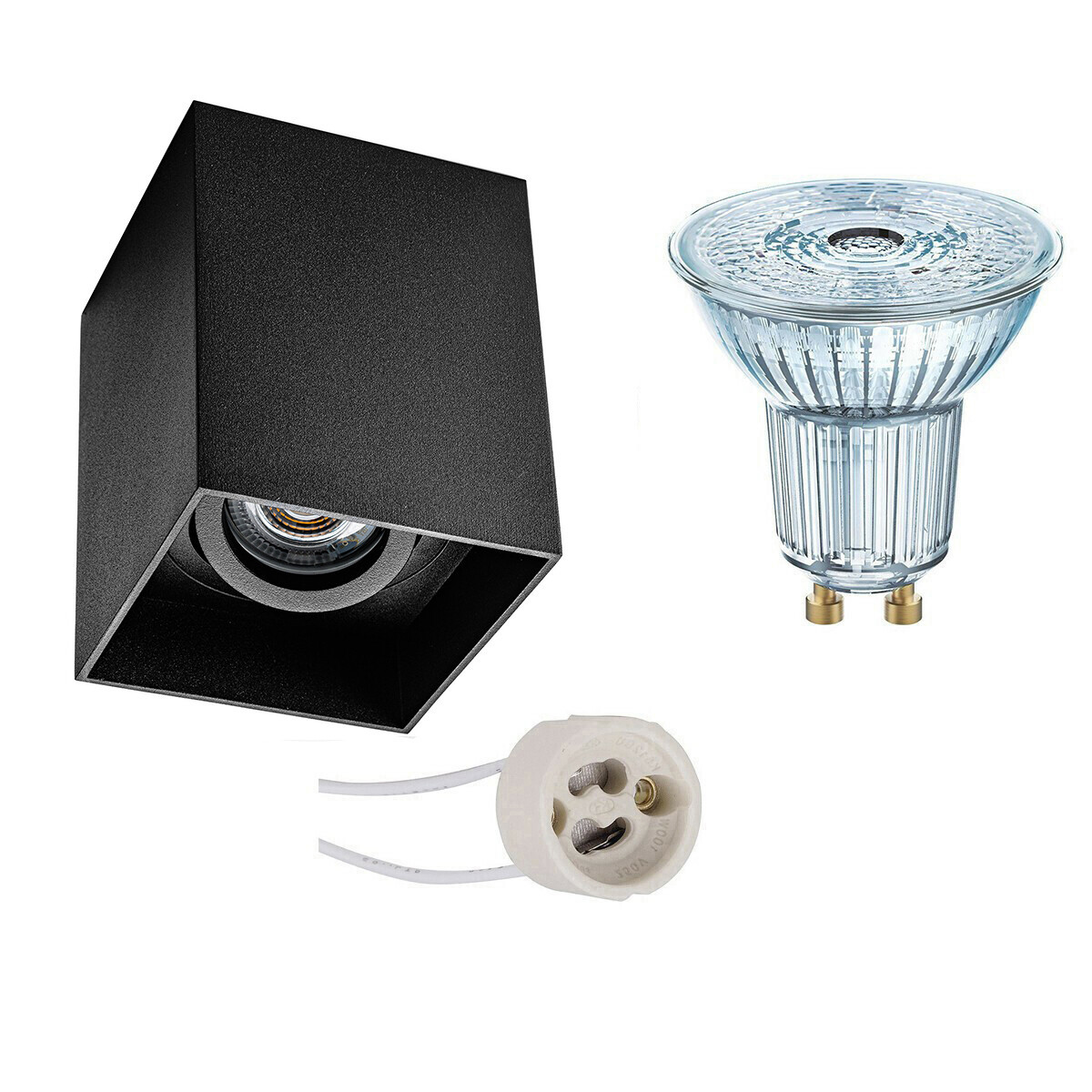 Opbouwspot Set - LEDVANCE Parathom PAR16 930 36D - Pragmi Luxina Pro - GU10 Fitting - Dimbaar - Opbouw Vierkant - Mat Zwart - 5.5W - Warm Wit 3000K - Verdiept - Kantelbaar - 90mm