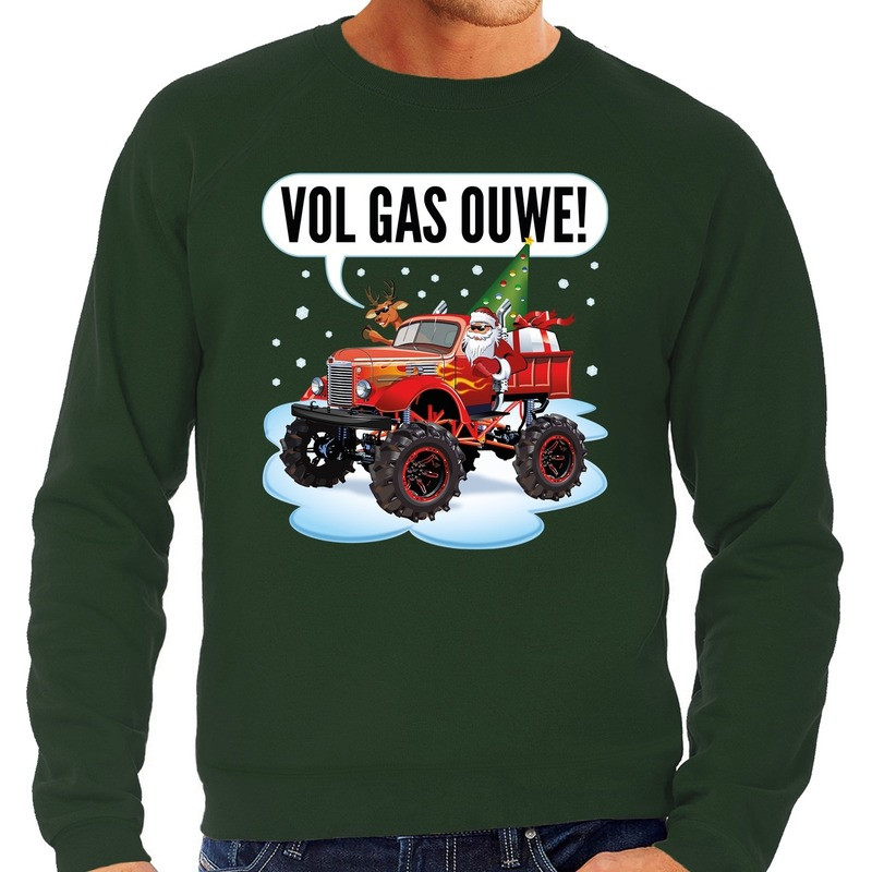 Grote maten foute Kersttrui monstertruck santa groen voor heren