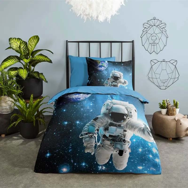 Kinderdekbedovertrek Dekbedovertrek Astronaut - 200x140 cm Blauw - Dessin: Sterren - Good Morning - Dekbed-Discounter.nl