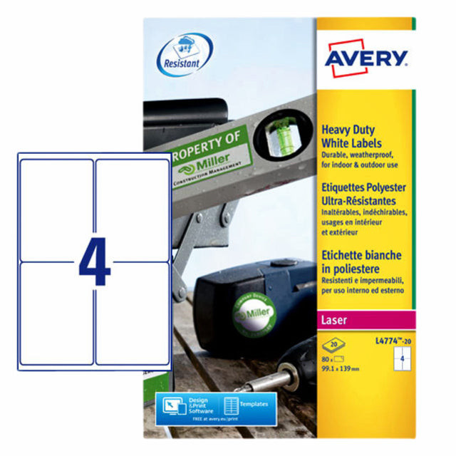 Avery L4774-20 ultra-sterke etiketten ft 99,1 x 139 mm (b x h), 80 etiketten, wit