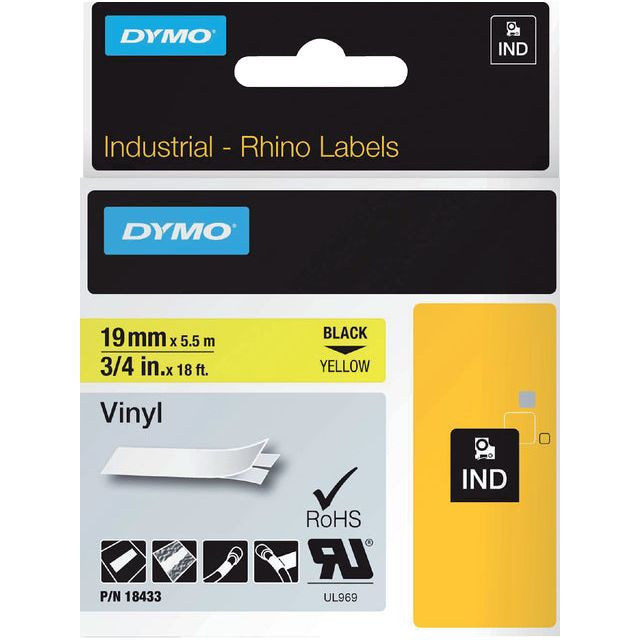 Labeltape Dymo Rhino 18433 vinyl 19mmx5.5m zwart op geel