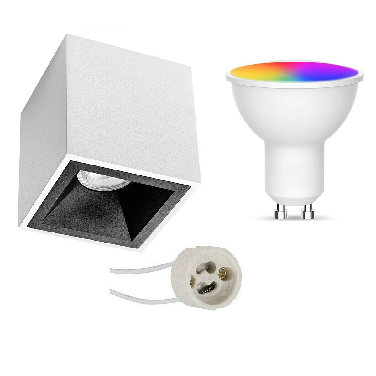 Opbouwspot Set GU10 - Facto - Smart LED - Wifi LED - Slimme LED - 5W - RGB+CCT - Aanpasbare Kleur - Dimbaar - Pragmi Cliron Pro - Opbouw Vierkant - Mat Wit/Zwart - Verdiept - 90mm