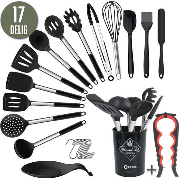 COOCK Keukengerei Set met Houder XL - Kookgerei Set 17 delig - Siliconen - BPA-Vrij - Ophangbaar - Incl. Opener