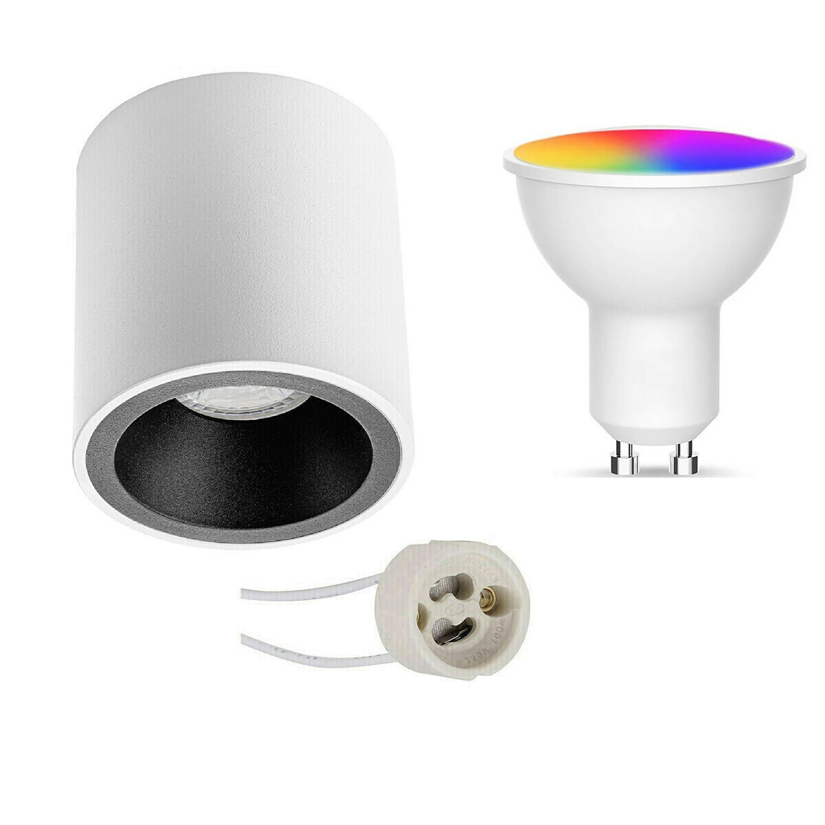 Opbouwspot Set GU10 - Facto - Smart LED - Wifi LED - Slimme LED - 5W - RGB+CCT - Aanpasbare Kleur - Dimbaar - Pragmi Cliron Pro - Opbouw Rond - Mat Wit/Zwart - Verdiept - Ø90mm