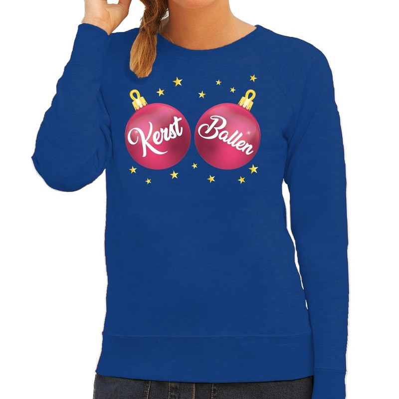 Foute kersttrui / sweater blauw met roze Kerst Ballen voor dames