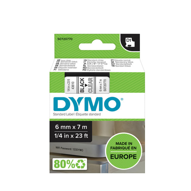 Labeltape Dymo 43610 D1 720770 6mmx7m zwart op transparant | 1 stuk