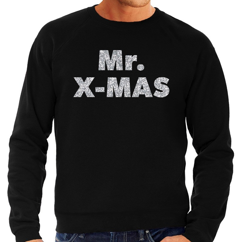 Foute Kersttrui Mr. x-mas zilveren glitter letters zwart heren