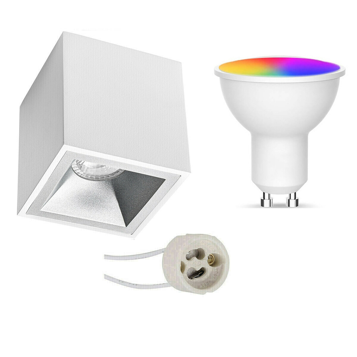 Opbouwspot Set GU10 - Facto - Smart LED - Wifi LED - Slimme LED - 5W - RGB+CCT - Aanpasbare Kleur - Dimbaar - Pragmi Cliron Pro - Opbouw Vierkant - Mat Wit - Verdiept - 90mm