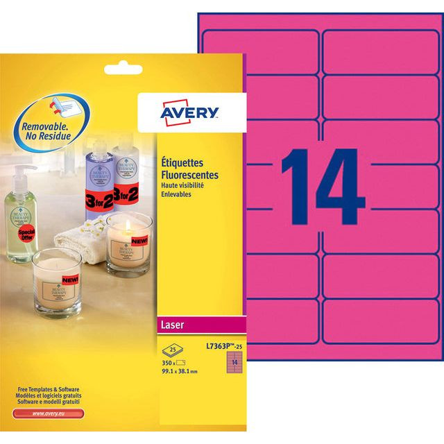 Avery afneembare neon etiketten ft 99,1 x 38,1 mm (b x h), doos van 100 blad, 1400 stuks, neongeel