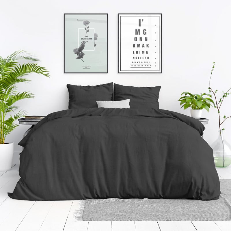 Dekbedovertrek Stone Washed - Tweepersoons (200x200 cm) - Antraciet Katoen - Dessin: Effen - DreamHouse Bedding - Dekbed-Discounter.nl