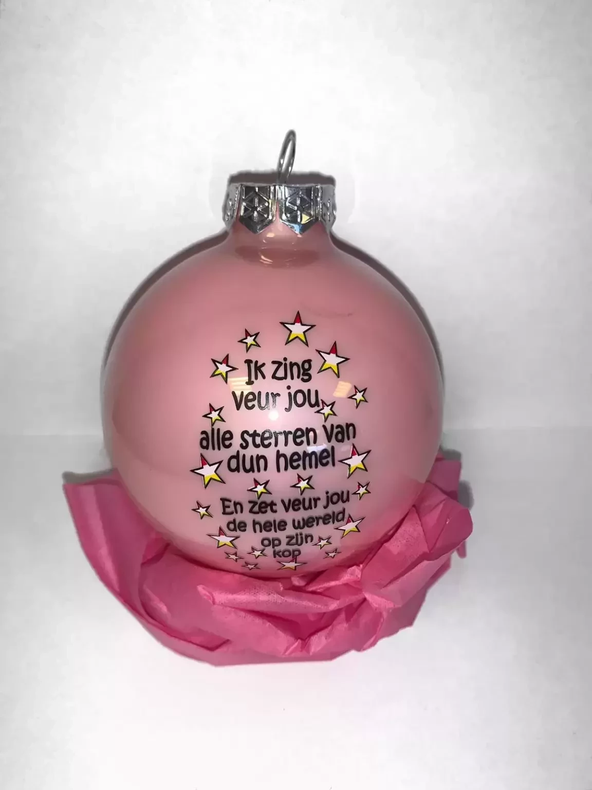 Kerstbal glas 8 cm tekst 'Ik zing veur jou' | Roze