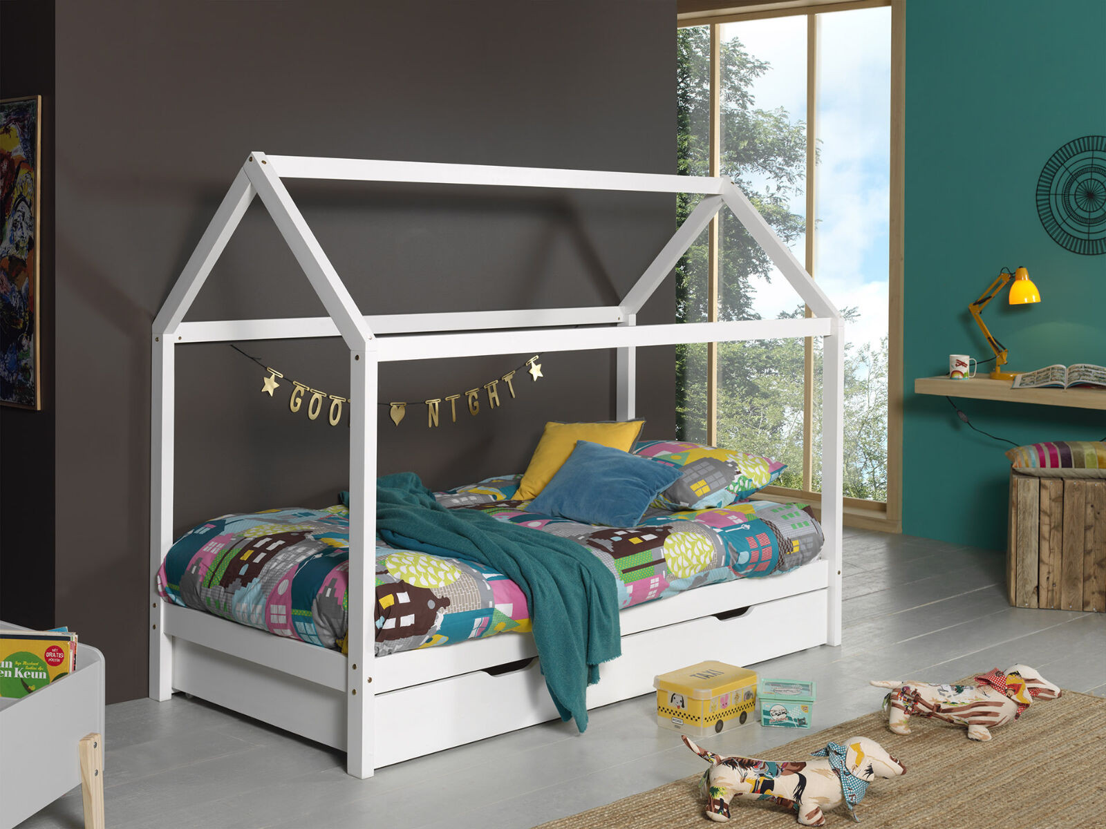 Huisbed DALLY 90x200 cm witte pijnboom met bedlade