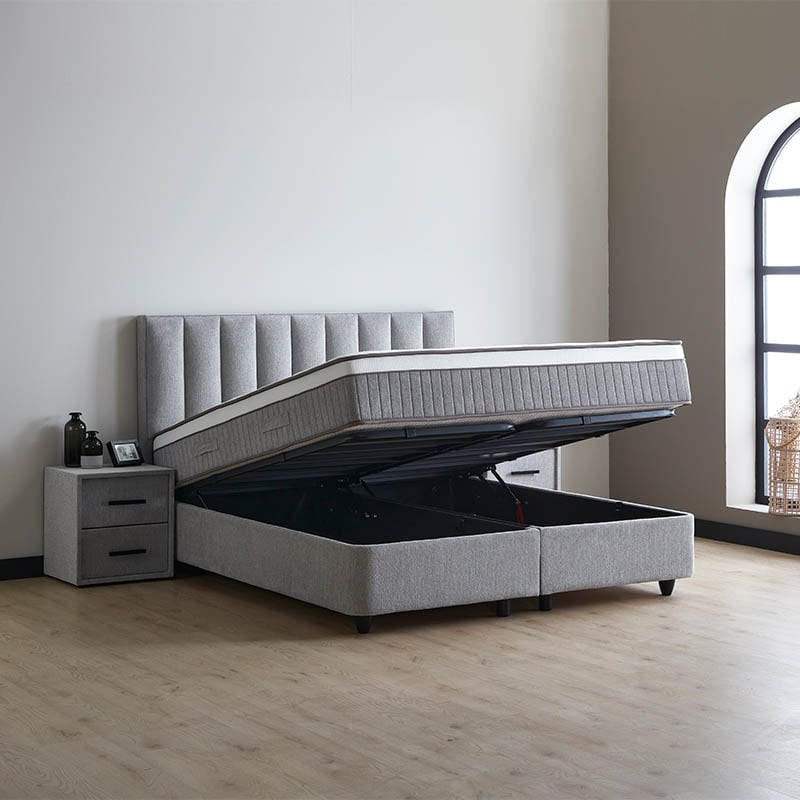 2-Persoons Boxspring met opbergruimte Riona - Grijs & Beige 160x200 cm - Pocketvering - Inclusief Topper - Dekbed-Discounter.nl