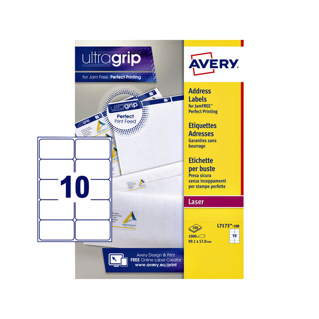 Avery L7173, Verzendetiketten, Laser, Ultragrip, wit, 100 vellen, 10 per vel, 99,1 x 57 mm