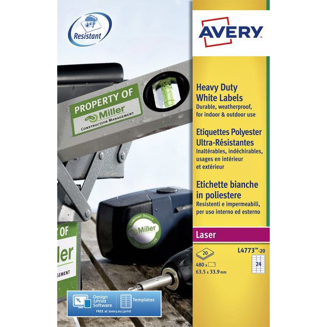 Avery ultra-sterke witte etiketten ft 63,5 x 33,9 mm (b x h), 480 stuks, 24 per blad