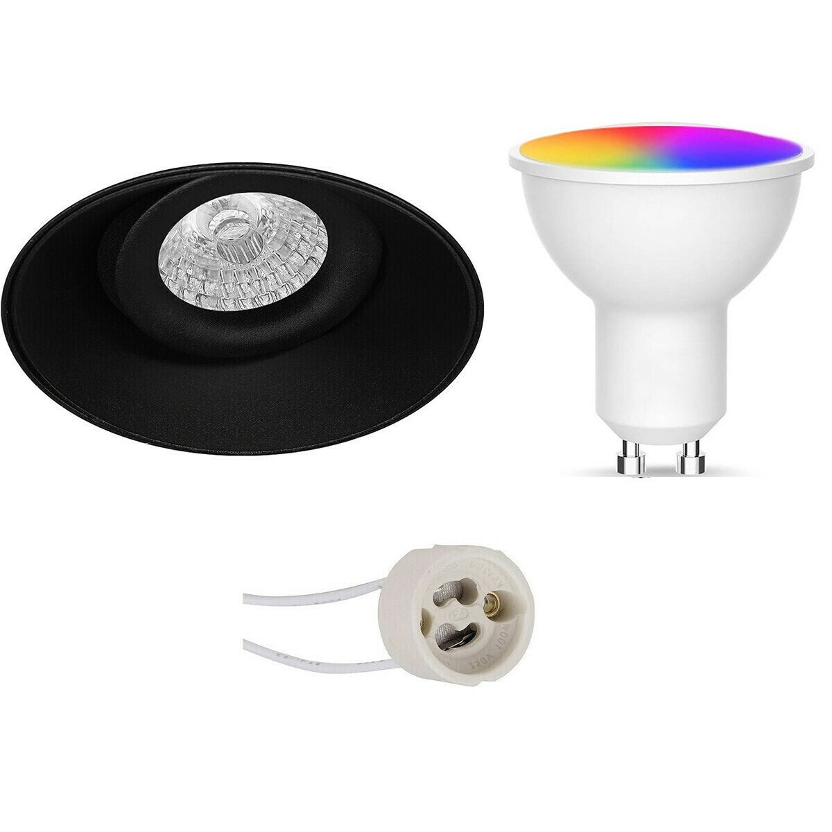 LED Spot Set GU10 - Facto - Smart LED - Wifi LED - Slimme LED - 5W - RGB+CCT - Aanpasbare Kleur - Dimbaar - Pragmi Nivas Pro - Inbouw Rond - Mat Zwart - Trimless - Kantelbaar - Ø150mm