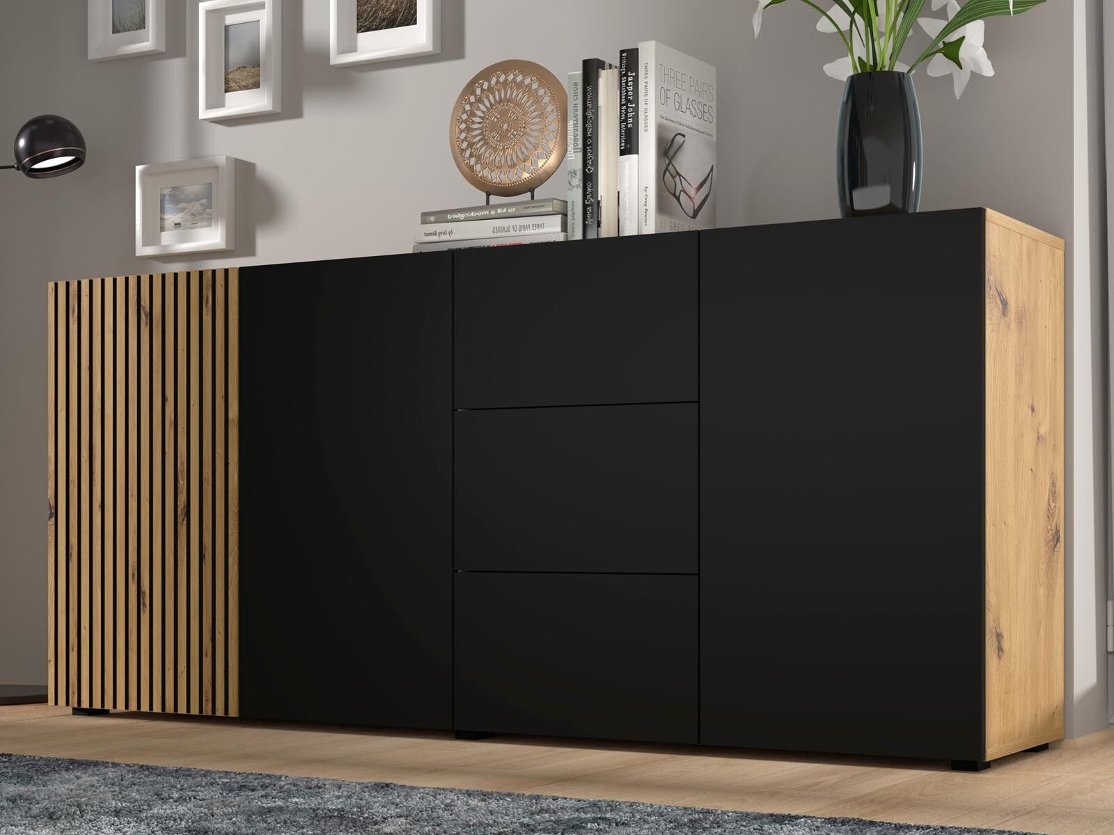 Dressoir ORISA 3 deuren 3 lades zwart/artisan eik