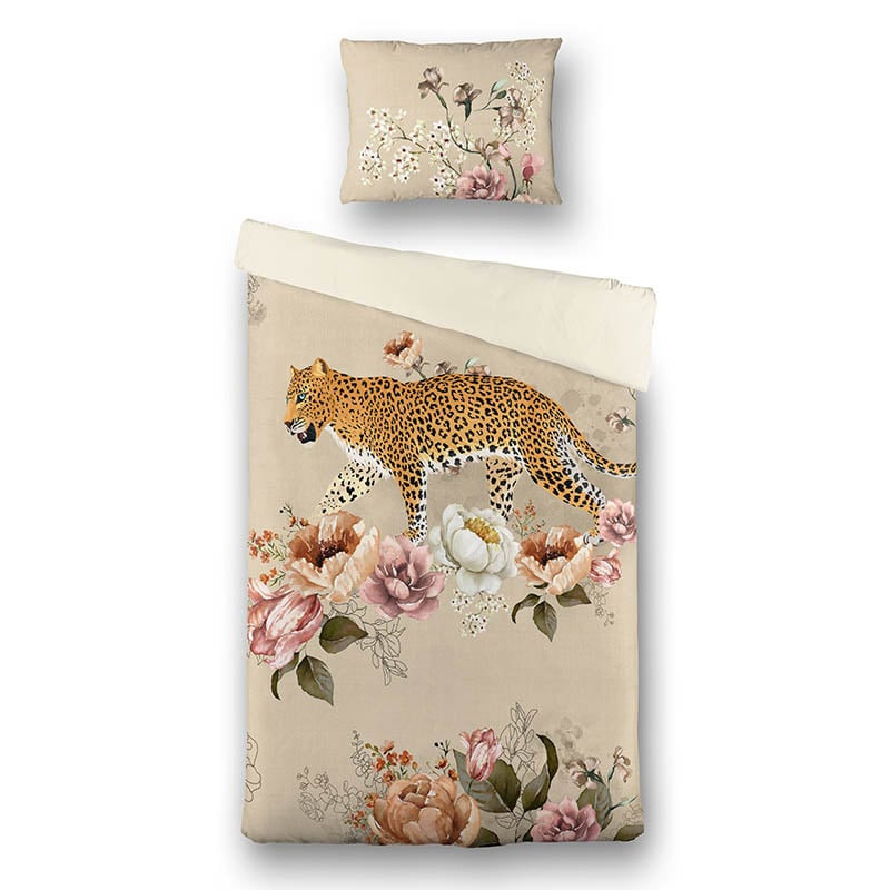 Dekbedovertrek Tiger Garden - Eenpersoons (140x200 cm) - Beige Polyester-katoen - Dessin: Dieren, Natuur - Fresh and Co - Dekbed-Discounter.nl