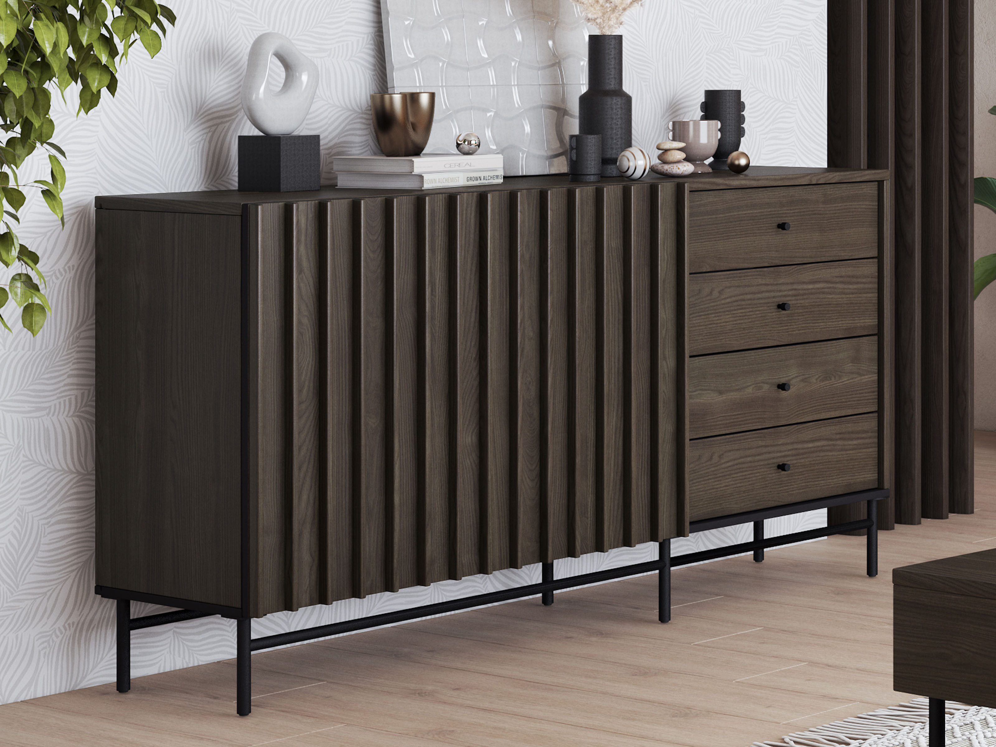 Dressoir PELOSA 2 deuren 4 lades portland eik/zwart