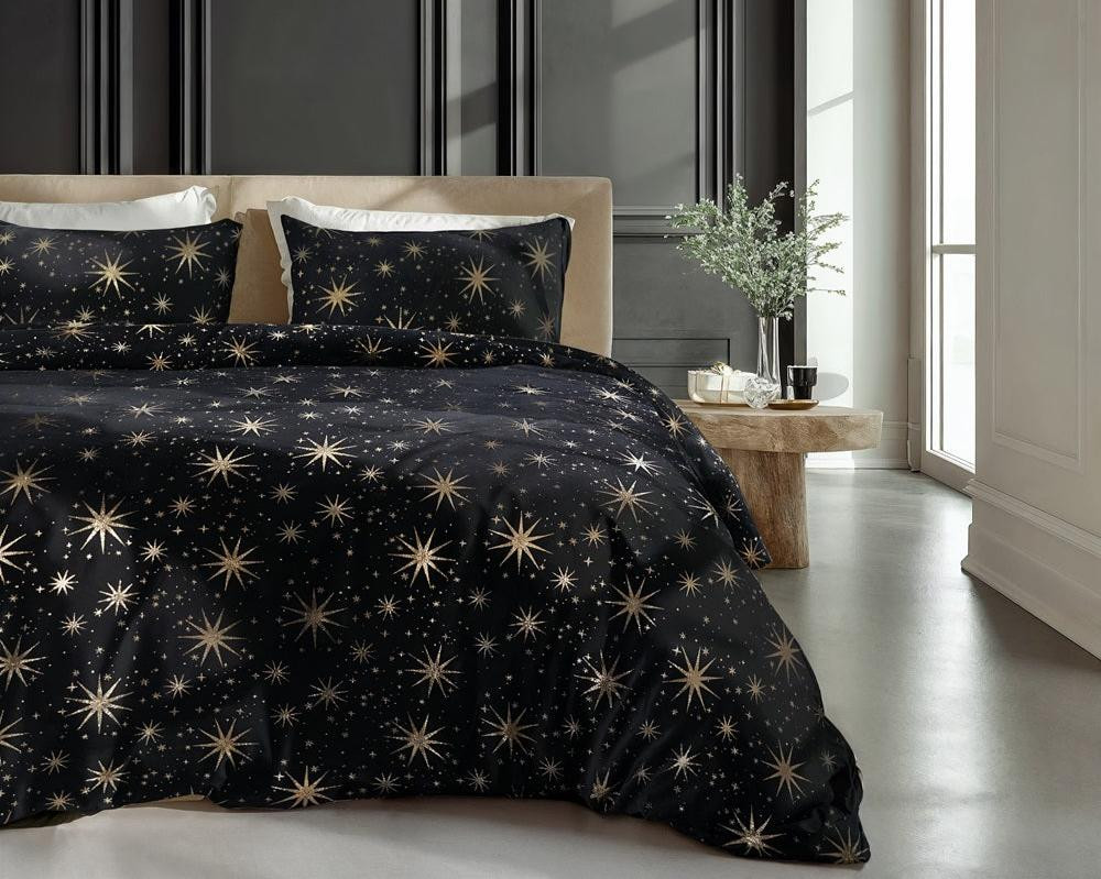 RoyalTextile - Glamour Stars Foil Dekbedovertrek Flanel - Zwart - 240 x 220