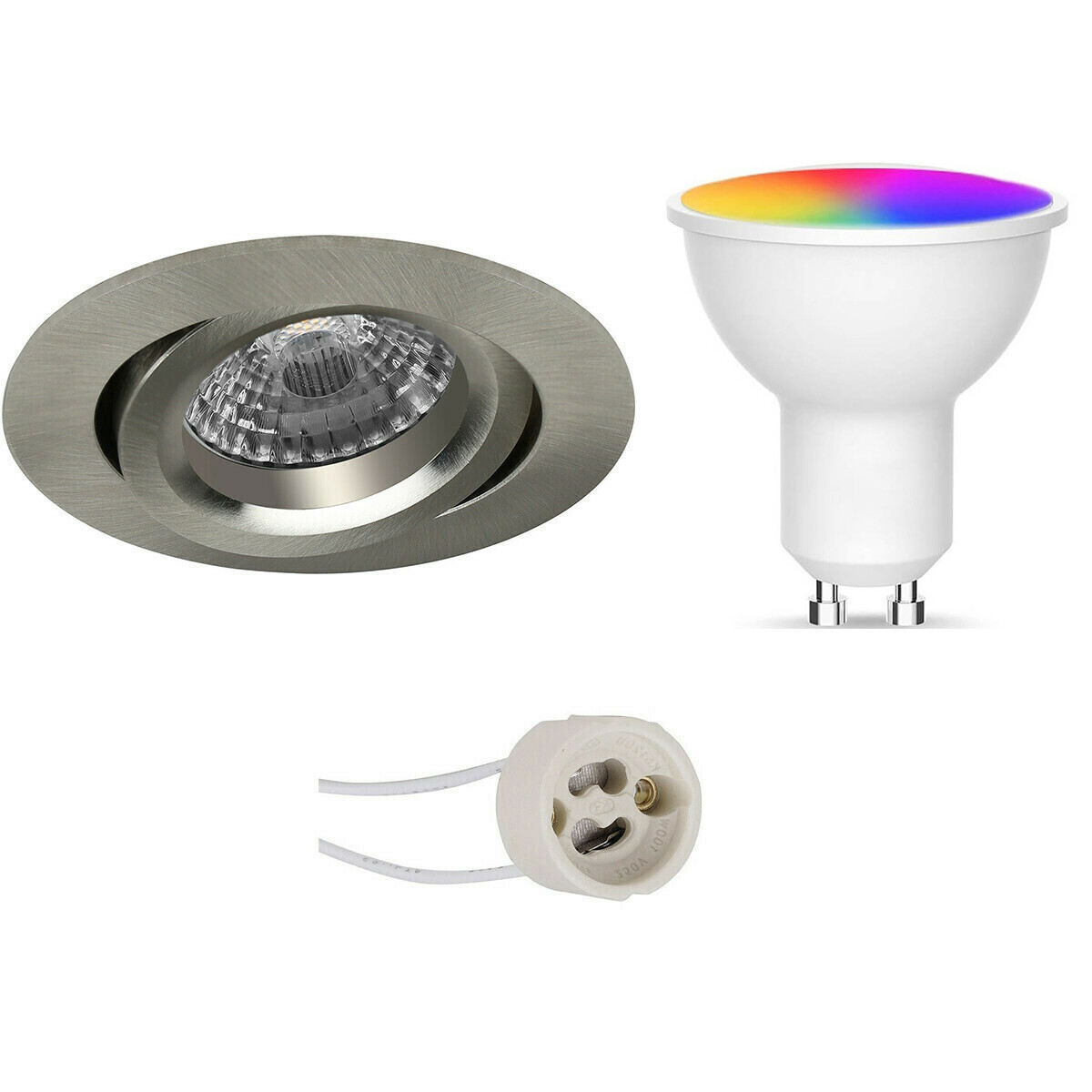 LED Spot Set GU10 - Facto - Smart LED - Wifi LED - Slimme LED - 5W - RGB+CCT - Aanpasbare Kleur - Dimbaar - Pragmi Aerony Pro - Inbouw Rond - Mat Nikkel - Kantelbaar - Ø82mm