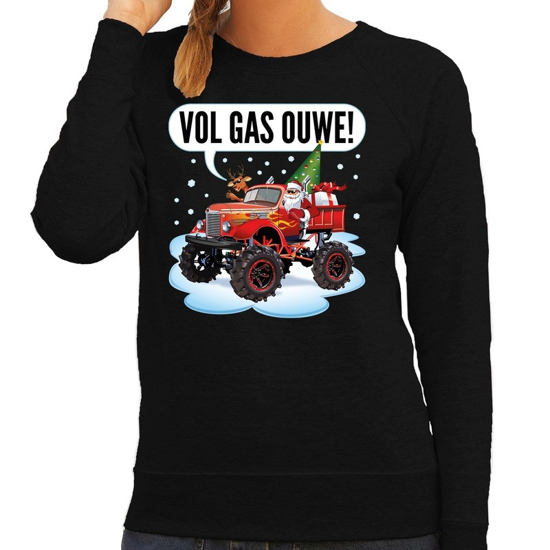 Foute Kersttrui monstertruck santa zwart voor dames