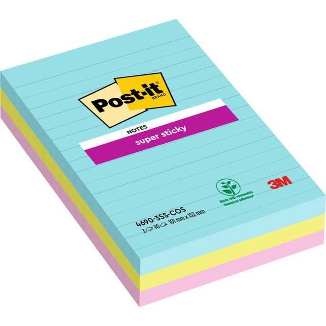 Post-it Super Sticky Notes XXL Cosmic, 90 vel, ft 101 X 152 mm, gelijnd, geassorteerde kleuren, pak van 3