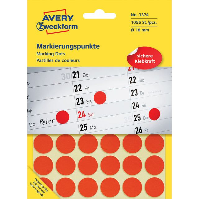 Avery Ronde etiketten diameter 18 mm, rood, 1.056 stuks