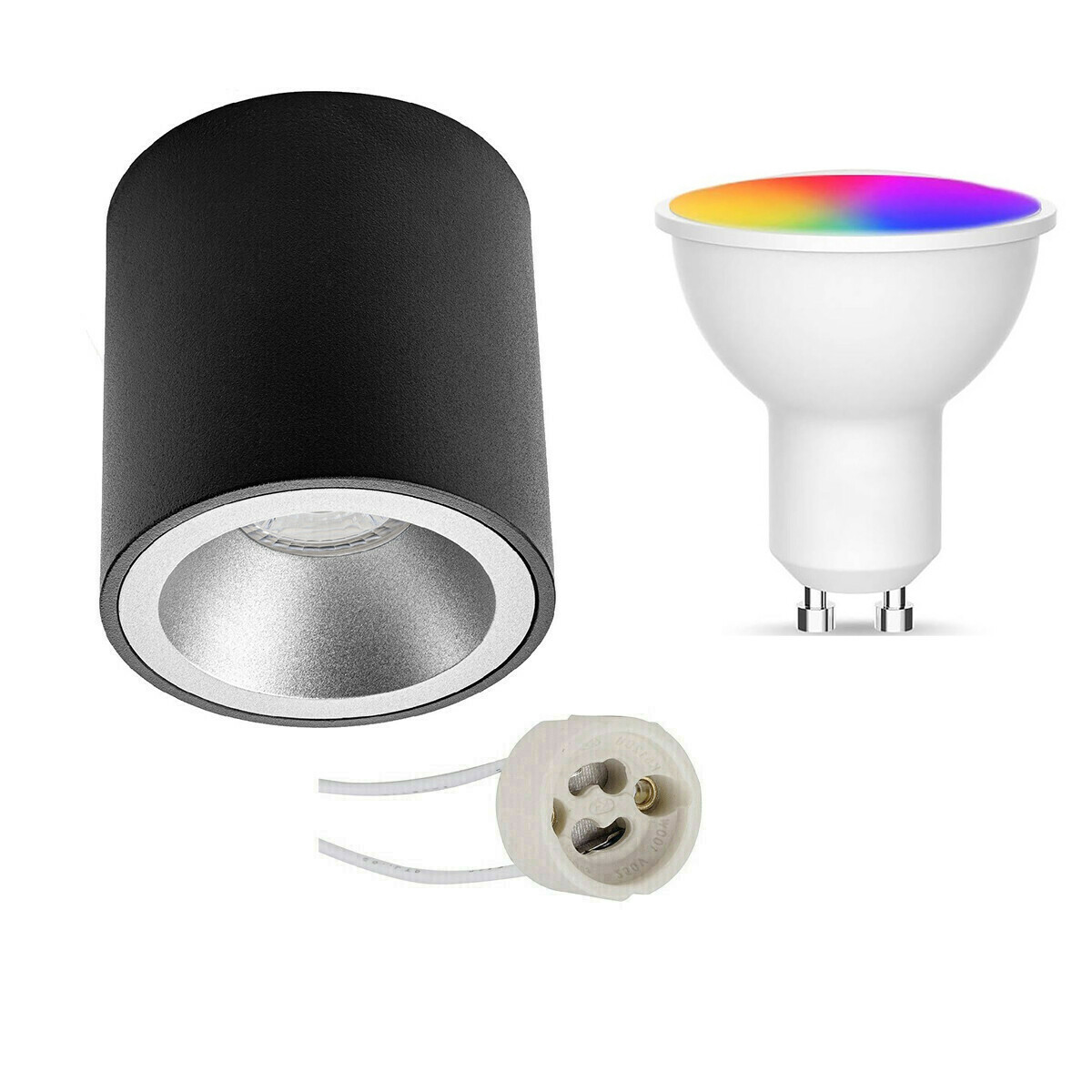 Opbouwspot Set GU10 - Facto - Smart LED - Wifi LED - Slimme LED - 5W - RGB+CCT - Aanpasbare Kleur - Dimbaar - Pragmi Cliron Pro - Opbouw Rond - Mat Zwart/Zilver - Verdiept - Ø90mm