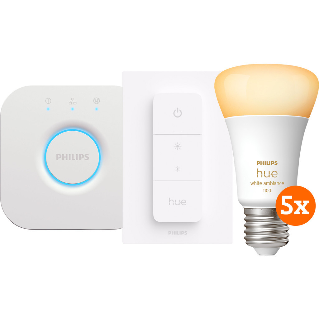 Philips Hue White Ambiance E27 5-pack + dimmer + bridge