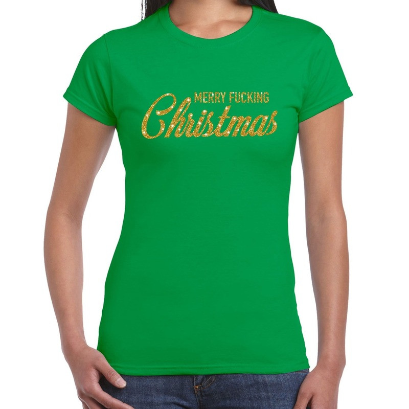 Fout kerstshirt Merry Fucking Christmas goud glitter groen dames