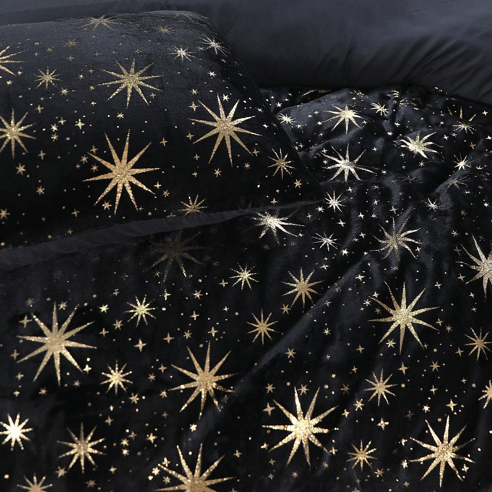 RoyalTextile - Glamour Stars Foil Dekbedovertrek Flanel - Zwart - 200 x 220