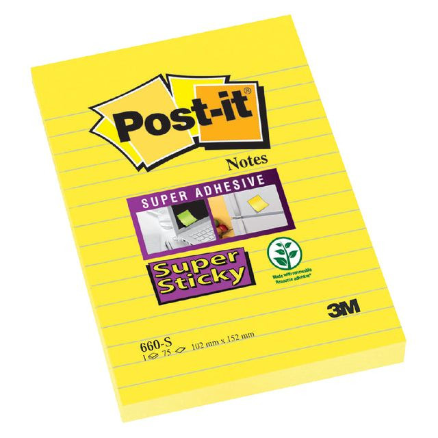 Memoblok 3M Post-it 660 Super Sticky 102x152 geel met lijn | 6 stuks