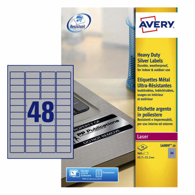 Avery ultra-sterke zilverkleurige etiketten ft 45,7 x 21,2 mm (b x h), 960 stuks, 48 per blad