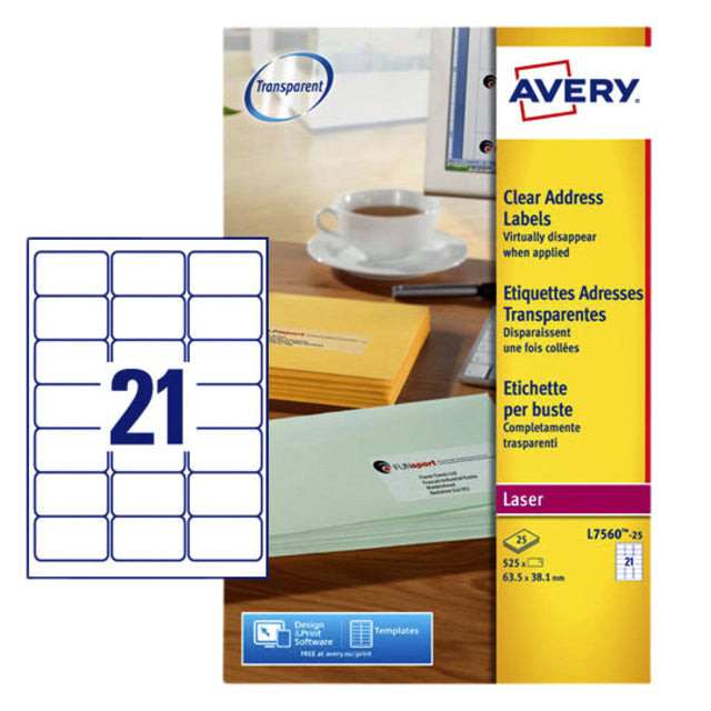 Avery L7560-25 adresetiketten ft 63,5 x 38,1 mm (b x h), 525 etiketten, transparant