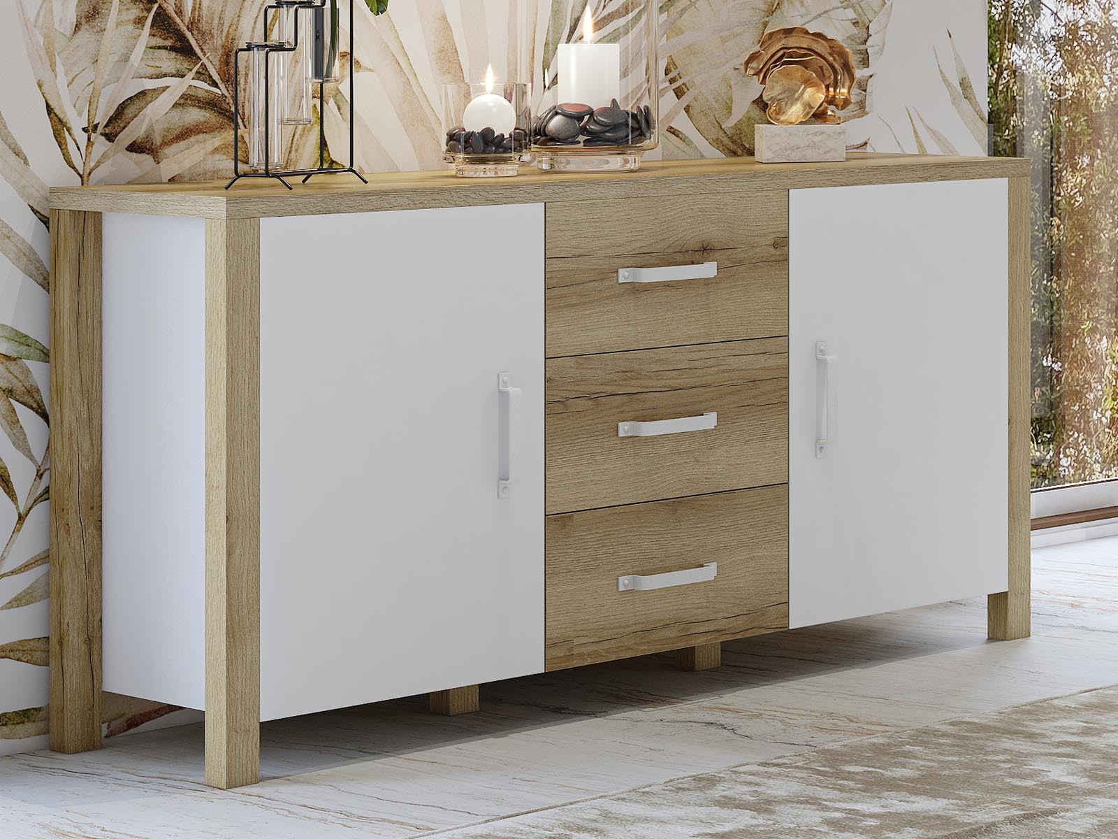 Dressoir OLIANNE 2 deuren 3 lades natuurlijke eik/wit