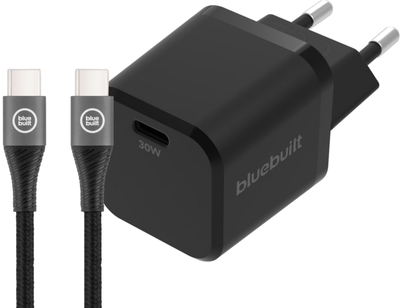 BlueBuilt Power Delivery Oplader 30W + Usb C Kabel 1,5m Nylon Zwart