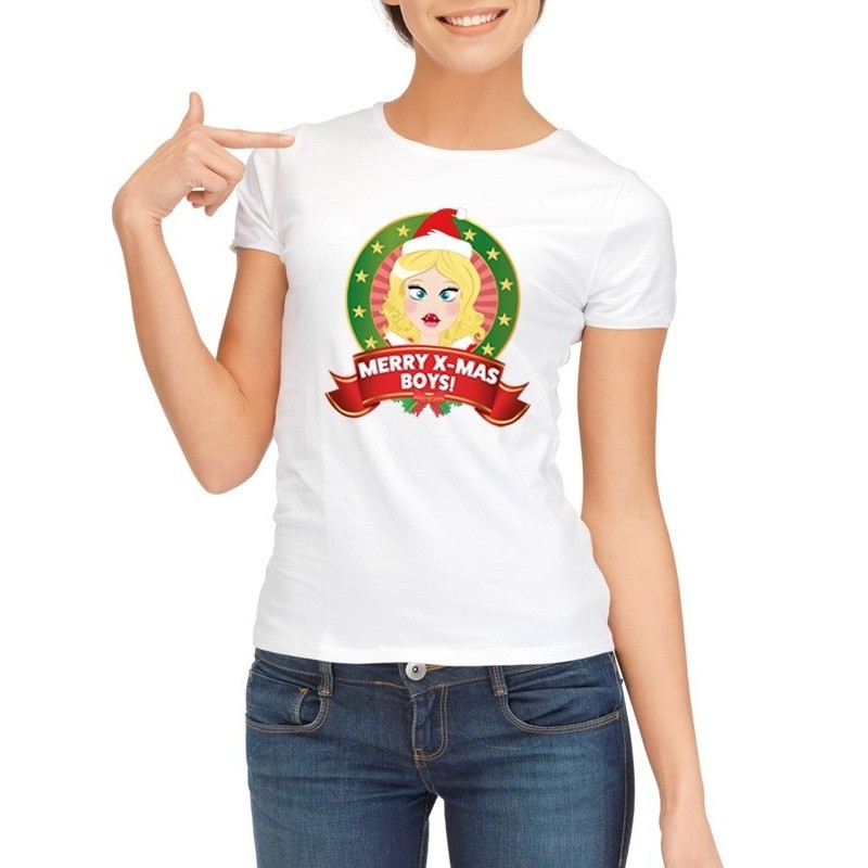 Foute kerst t-shirt wit Merry X-mas Boys voor dames