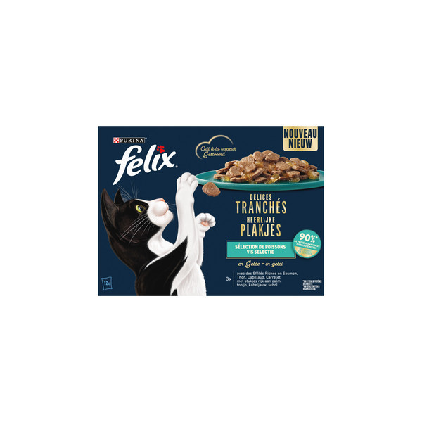 Felix Heerlijke Plakjes Vis Selectie met zalm, tonijn, kabeljauw, schol in gelei natvoer kat (12x80 g) 8 x (12 x 80 g)