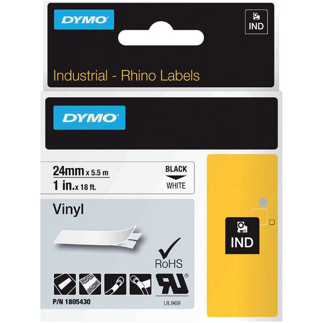 Labeltape Dymo Rhino 18054 vinyl 24mmx5.5m zwart op wit