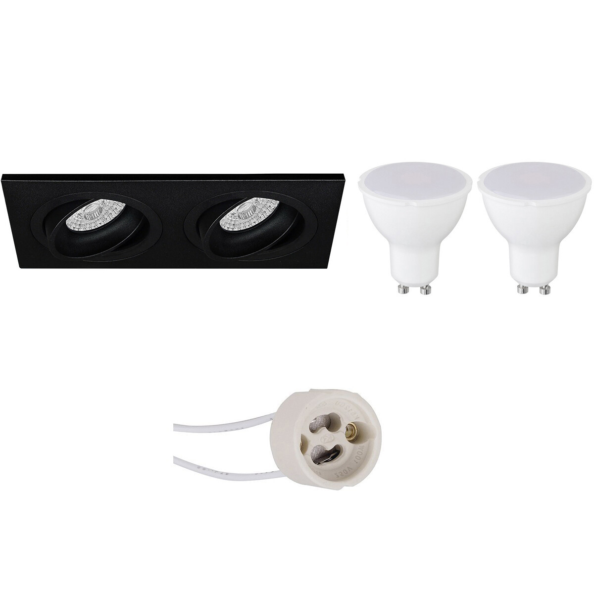 LED Spot Set - Pragmi Borny Pro - GU10 Fitting - Dimbaar - Inbouw Rechthoek Dubbel - Mat Zwart - 6W - Warm Wit 3000K - Kantelbaar - 175x92mm