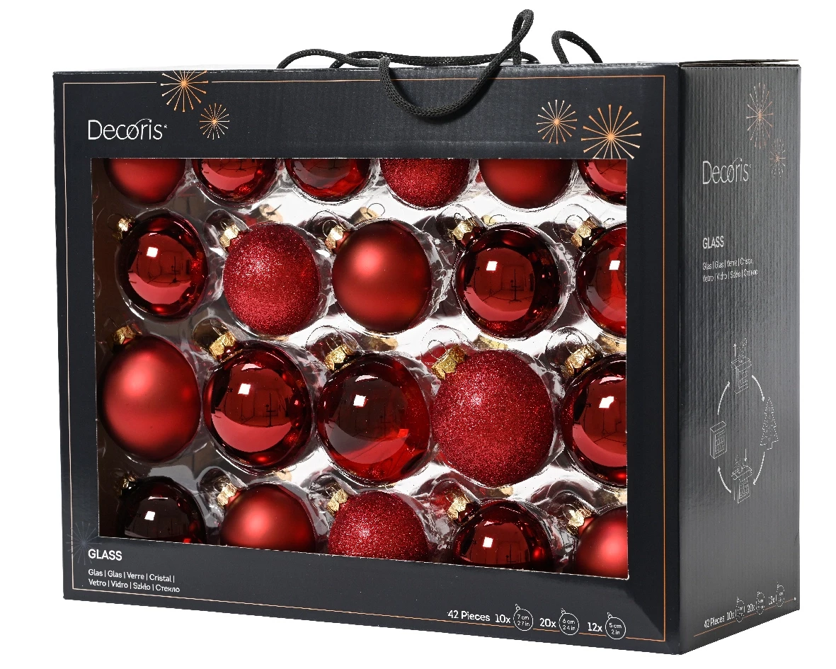 Decoris kerstballen set Glas 42st ossenbloed 5-6-7cm